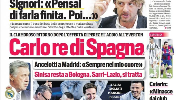 Prima Pagina, Corriere dello Sport: “Carlo re di Spagna. Signori: ‘Pensai di farla finita’. Sarri-Lazio, si tratta”  Prima Pagina, Corriere dello Sport: “Carlo re di Spagna. Signori: ‘Pensai di farla finita’. Sarri-Lazio, si tratta”