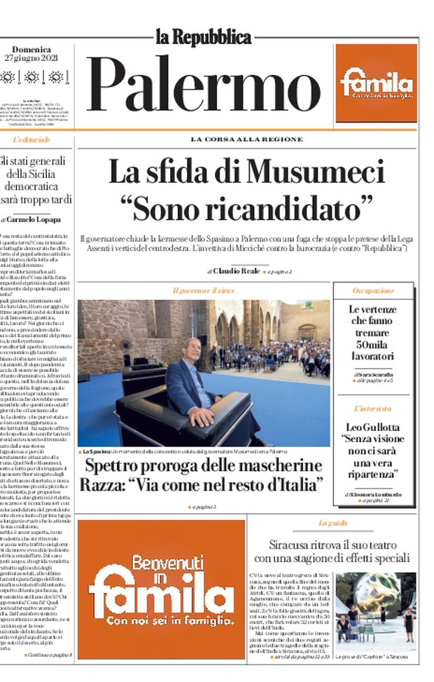 Prima Pagina, La Repubblica-Palermo: “La sfida di Musumeci: Sono ricandidato” 