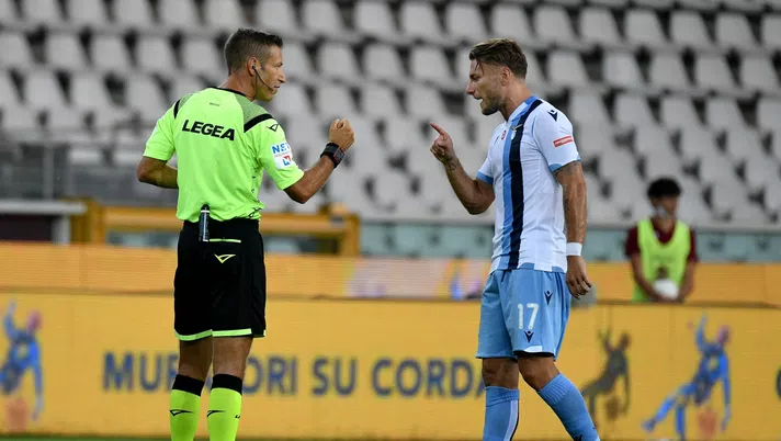 TURIN, ITALY - JUNE 30: The referee Davide Massa and Ciro Immobile of SS Lazio  during the Serie A match between Torino FC and  SS Lazio at Stadio Olimpico di Torino on June 30, 2020 in Turin, Italy. (Photo by Marco Rosi - SS Lazio/Getty Images)