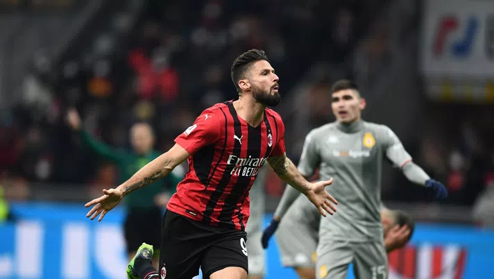 MILAN, ITALY - JANUARY 13: Olivier Giroud of AC Milan celebrates after scoring the goal during the Coppa Italia match between AC Milan and Genoa CFC at Stadio Giuseppe Meazza on January 13, 2022 in Milan, Italy. (Photo by Claudio Villa/AC Milan via Getty Images)