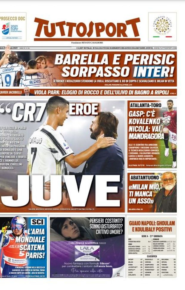 Prima Pagina, Tuttosport: “CR7 eroe Juve. Barella e Perisic, sorpasso Inter!” Prima Pagina, Tuttosport: “CR7 eroe Juve. Barella e Perisic, sorpasso Inter!”