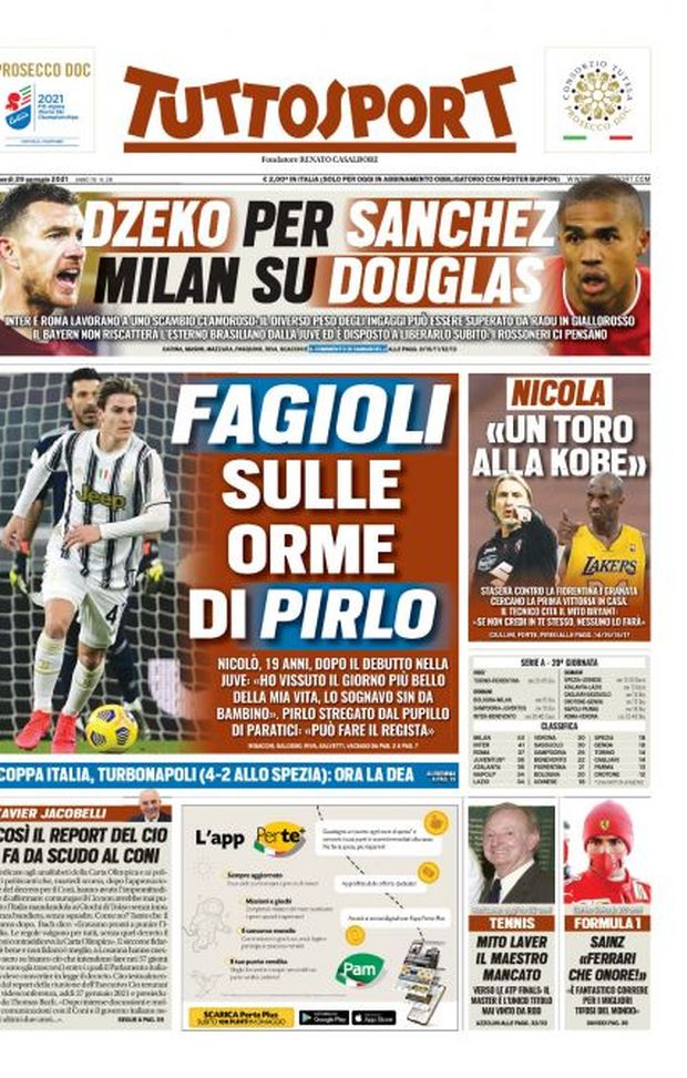 Prima Pagina, Tuttosport: “Dzeko per Sanchez, Milan su Douglas. Fagioli sulle orme di Pirlo” 