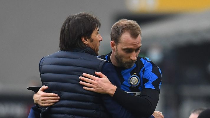 MILAN, ITALY - FEBRUARY 21: Head coach of FC Internazionale Antonio Conte and Christian Eriksen of FC Internazionale during the Serie A match between AC Milan and FC Internazionale at Stadio Giuseppe Meazza on February 21, 2021 in Milan, Italy. (Photo by Claudio Villa - Inter/Inter via Getty Images) MILAN, ITALY - FEBRUARY 21: Head coach of FC Internazionale Antonio Conte and Christian Eriksen of FC Internazionale during the Serie A match between AC Milan and FC Internazionale at Stadio Giuseppe Meazza on February 21, 2021 in Milan, Italy. (Photo by Claudio Villa - Inter/Inter via Getty Images)
