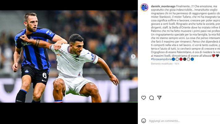 Inter-Sampdoria, Montevago: “Esordio in Serie A un’emozione. Ringrazio il Palermo” Palermo