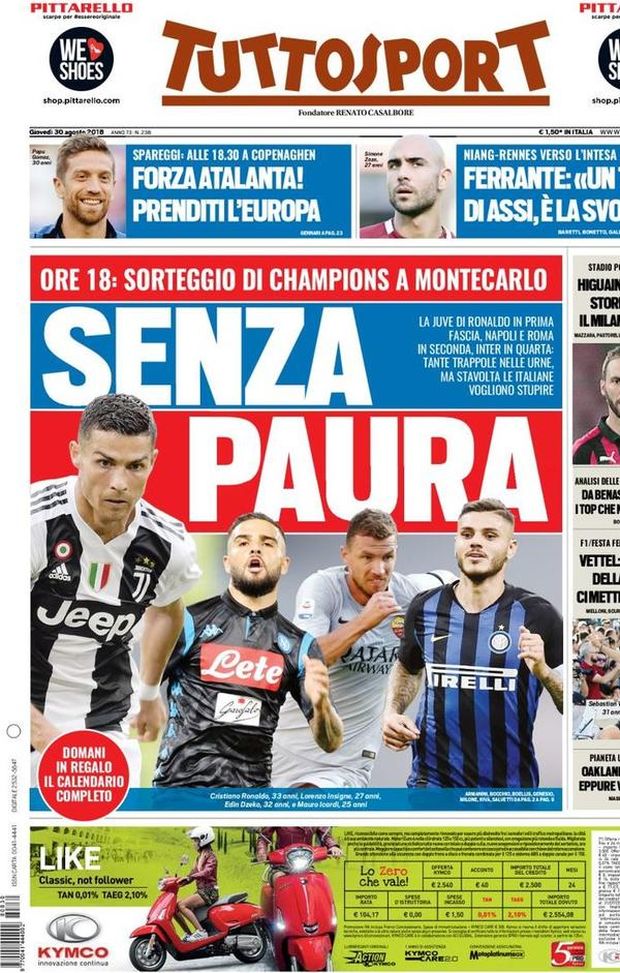 Prima Pagina, Tuttosport: “Senza paura. Forza Atalanta, prenditi l’Europa! Higuain-San Siro, storie di gol…” Prima Pagina, Tuttosport: “Senza paura. Forza Atalanta, prenditi l’Europa! Higuain-San Siro, storie di gol…”