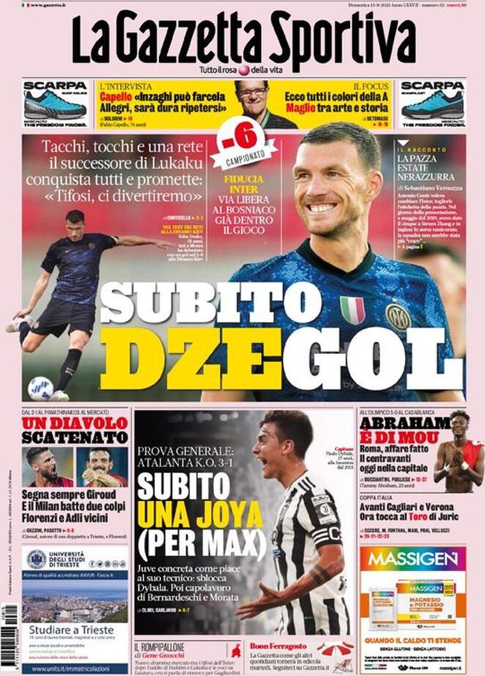 Prima Pagina, La Gazzetta dello Sport: “Subito Dzegol! Un Diavolo scatenato&#8221; 