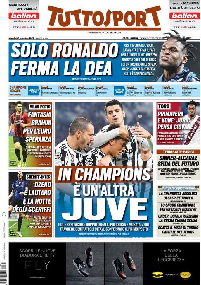 Prima Pagina Tuttosport “in Champions è Unaltra Juve” Pianeta Milan