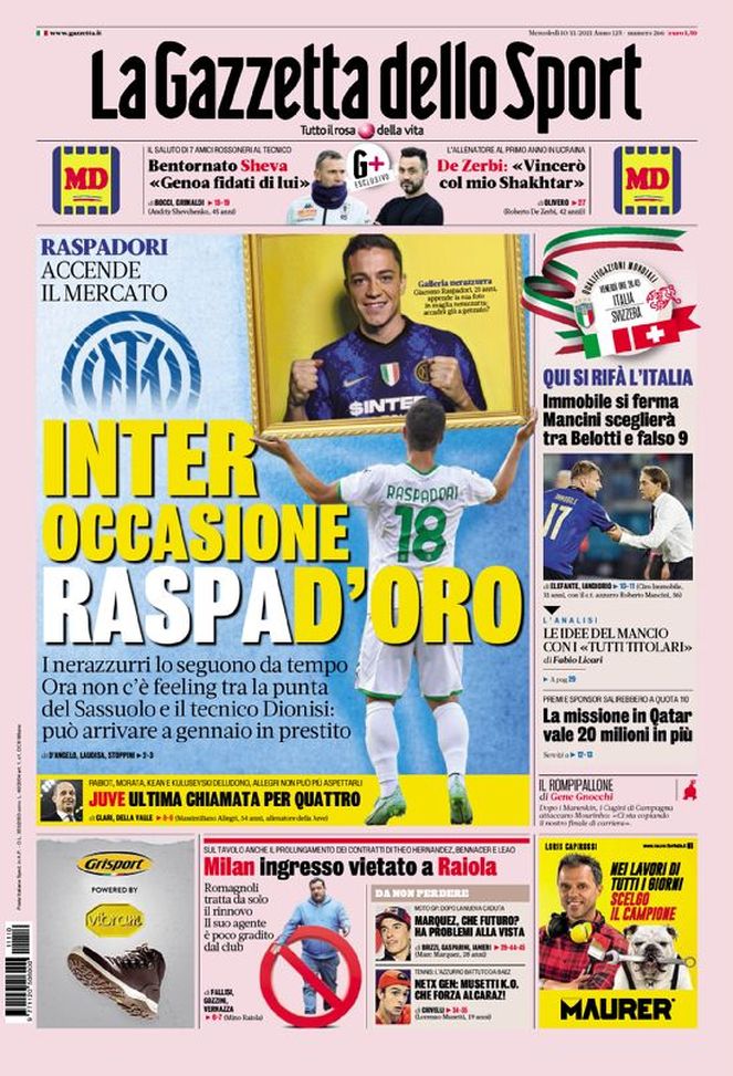 Prima Pagina, La Gazzetta dello Sport: “Inter, occasione Raspad’oro” Prima Pagina, La Gazzetta dello Sport: “Inter, occasione Raspad’oro” - immagine 1