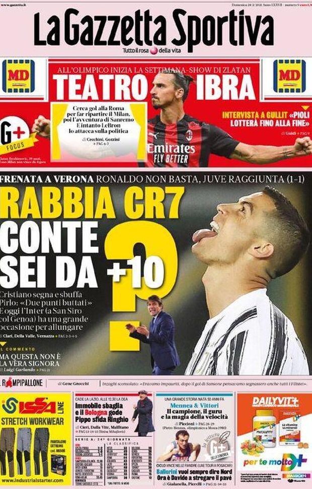  La Gazzetta dello Sport, la prima pagina di oggi, domenica 28 febbraio 2021 