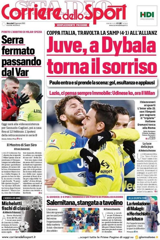 Il Corriere dello Sport, la prima pagina di oggi, mercoledì 19 gennaio 2022