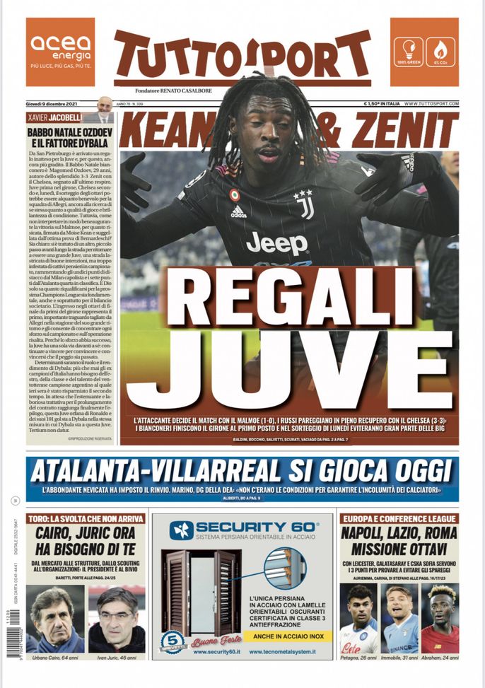 Prima Pagina, Tuttosport: “Regali Juve. Atalanta-Villarreal si gioca oggi” Prima Pagina, Tuttosport: “Regali Juve. Atalanta-Villarreal si gioca oggi” - immagine 1