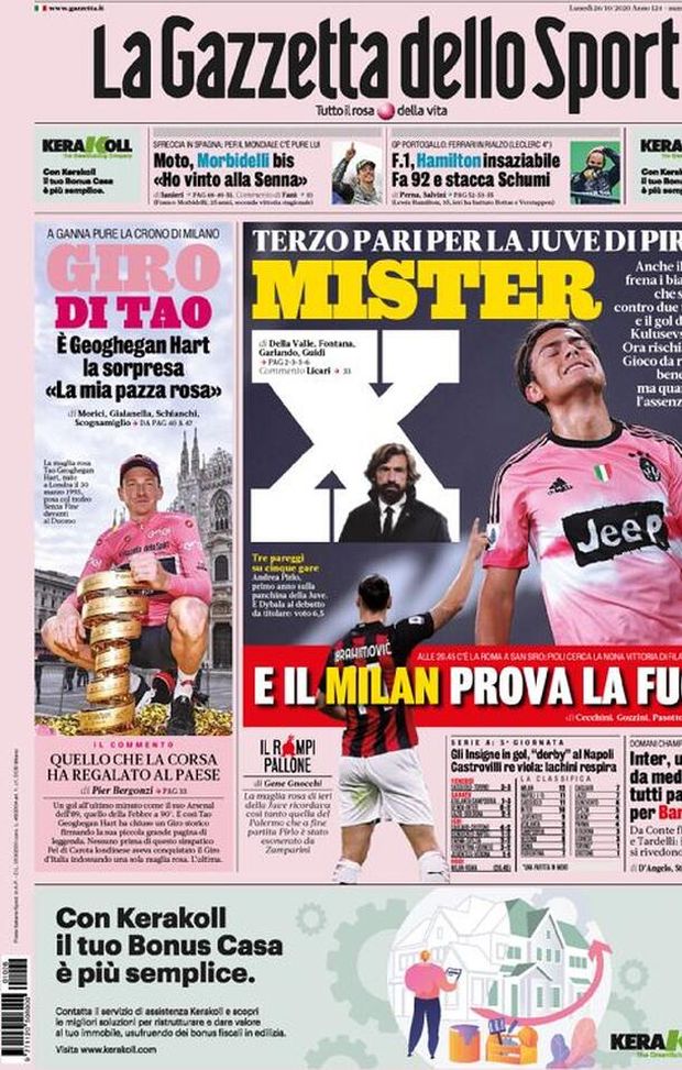 Gazzetta dello Sport, prima pagina 26 Ottobre 2020 