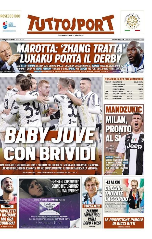 Prima Pagina, Tuttosport: “Baby Juve con brividi. Mandzukic-Milan, pronto al sì”  Prima Pagina, Tuttosport: “Baby Juve con brividi. Mandzukic-Milan, pronto al sì”