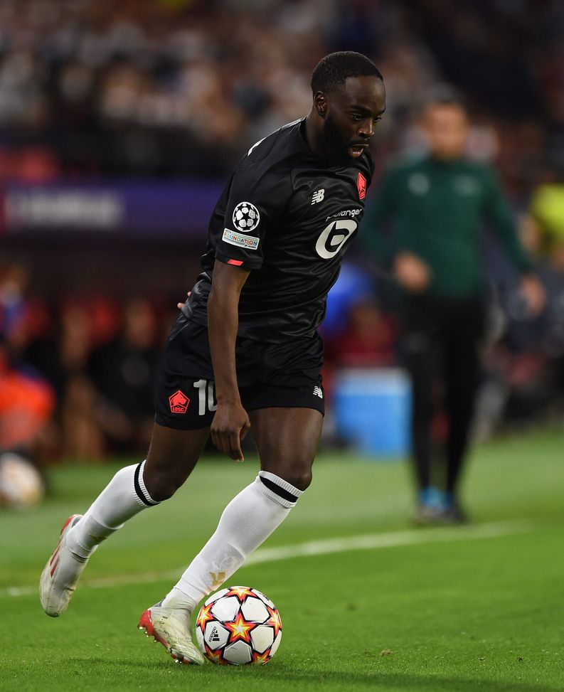 SEVILLE, SPAIN - NOVEMBER 02: Jonathan Ikone of Lille OSC controls the ball during the UEFA Champions League group G match between Sevilla FC and Lille OSC at Estadio Ramon Sanchez Pizjuan on November 02, 2021 in Seville, Spain. (Photo by Denis Doyle/Getty Images) SEVILLE, SPAIN - NOVEMBER 02: Jonathan Ikone of Lille OSC controls the ball during the UEFA Champions League group G match between Sevilla FC and Lille OSC at Estadio Ramon Sanchez Pizjuan on November 02, 2021 in Seville, Spain. (Photo by Denis Doyle/Getty Images)