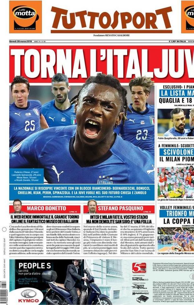 Prima Pagina, Tuttosport: “Torna l’ItalJuve. La lista Mancini: Quaglia e 18 talenti” Prima Pagina, Tuttosport: “Torna l’ItalJuve. La lista Mancini: Quaglia e 18 talenti”