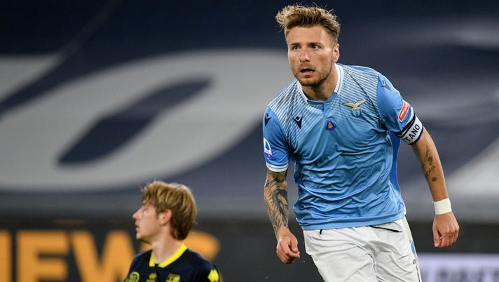 ROME, ITALY - MAY 12: Ciro Immobile of SS Lazio celebrates the opening goal during the Serie A match between SS Lazio and Parma Calcio at Stadio Olimpico on May 12, 2021 in Rome, Italy. Sporting stadiums around Italy remain under strict restrictions due to the Coronavirus Pandemic as Government social distancing laws prohibit fans inside venues resulting in games being played behind closed doors. (Photo by Marco Rosi - SS Lazio/Getty Images) ROME, ITALY - MAY 12: Ciro Immobile of SS Lazio celebrates the opening goal during the Serie A match between SS Lazio and Parma Calcio at Stadio Olimpico on May 12, 2021 in Rome, Italy. Sporting stadiums around Italy remain under strict restrictions due to the Coronavirus Pandemic as Government social distancing laws prohibit fans inside venues resulting in games being played behind closed doors. (Photo by Marco Rosi - SS Lazio/Getty Images)