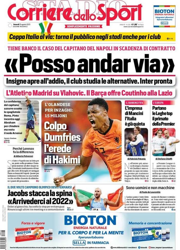 Prima Pagina, Corriere dello Sport: “Posso andar via, Insigne apre all’addio” 