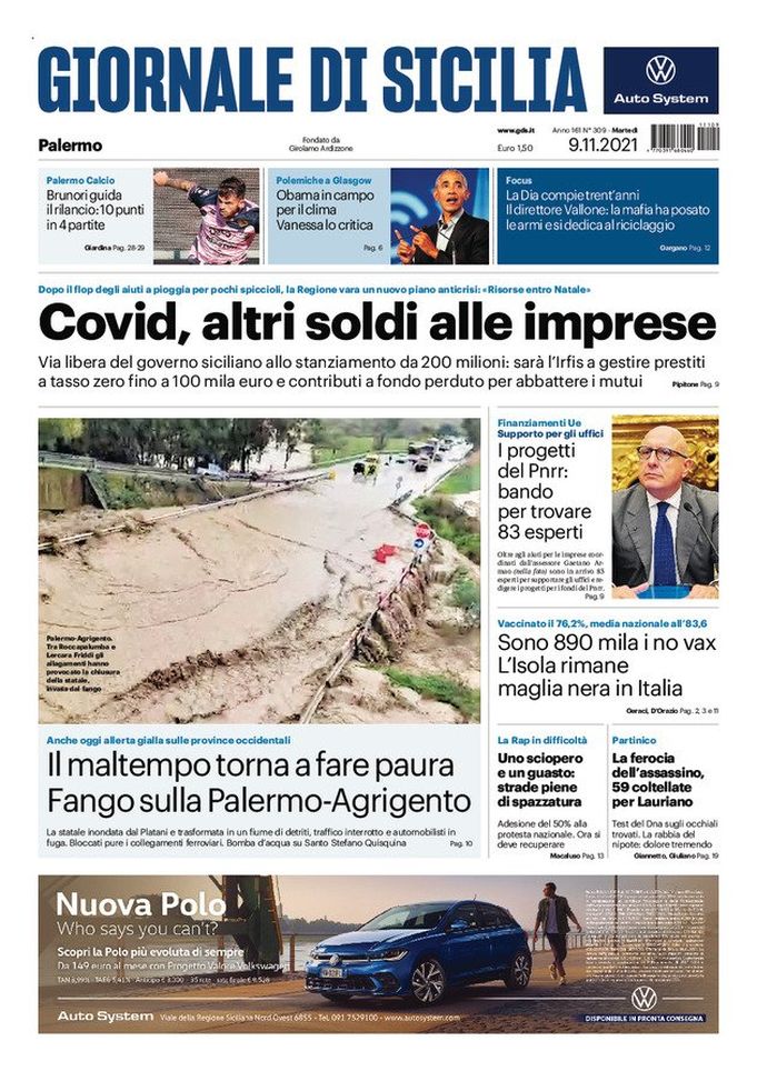 Prima Pagina, Giornale di Sicilia: “Brunori guida il rilancio, 10 punti in 4 partite” Prima Pagina