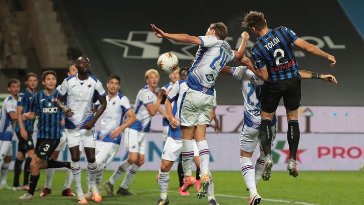 BERGAMO, ITALY - JULY 08:  Rafael Toloi of Atalanta BC scores the opening goal during the Serie A match between Atalanta BC and UC Sampdoria at Gewiss Stadium on July 8, 2020 in Bergamo, Italy.  (Photo by Emilio Andreoli/Getty Images) 