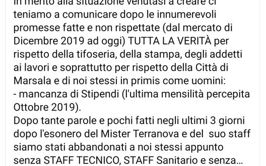 Serie D, il comunicato dei giocatori del Marsala 