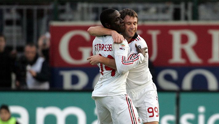 CAGLIARI, ITALY - JANUARY 06:  Strasser Rodney of Milan and Antonio Cassano celebrate a goal during the Serie A match between Cagliari and Milan at Stadio Sant'Elia on January 6, 2011 in Cagliari, Italy.  (Photo by Enrico Locci/Getty Images) 