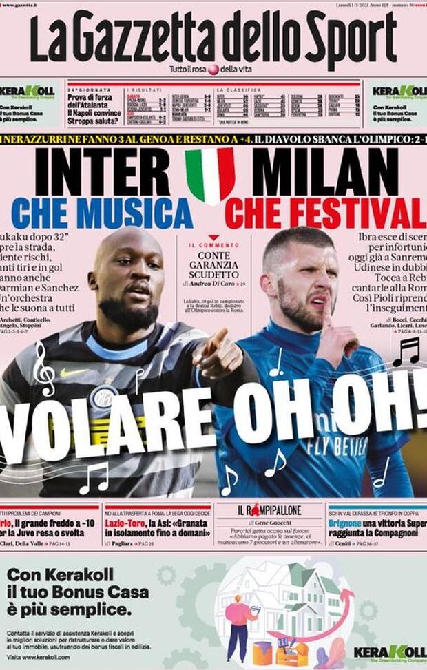 GAZZETTA DELLO SPORT La prima pagina di oggi, 1° marzo 2021 Milan