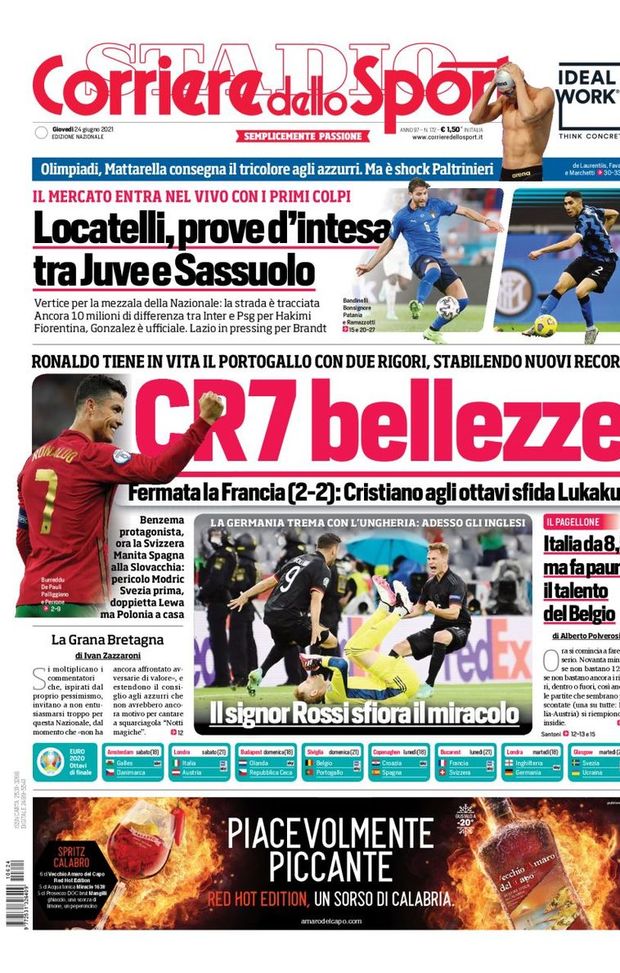 Prima Pagina, Corriere dello Sport: “CR7 bellezze. Locatelli, prove d’intesa”  Prima Pagina, Corriere dello Sport: “CR7 bellezze. Locatelli, prove d’intesa”