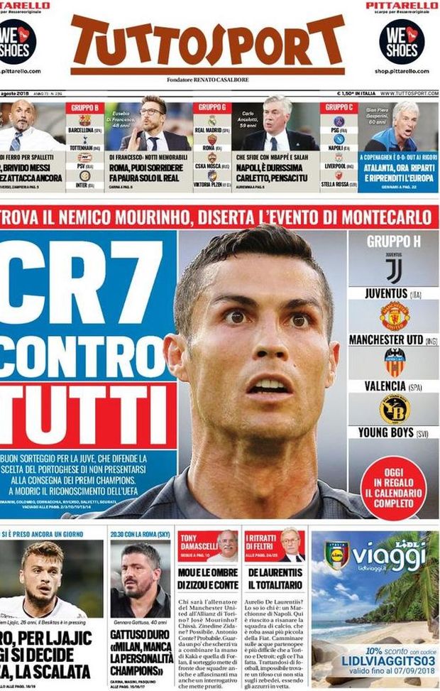 Prima Pagina, Tuttosport: “CR7 contro tutti. Roma, puoi sorridere. Napoli, è durissima. Inter, brivido Messi…” Prima Pagina, Tuttosport: “CR7 contro tutti. Roma, puoi sorridere. Napoli, è durissima. Inter, brivido Messi…”