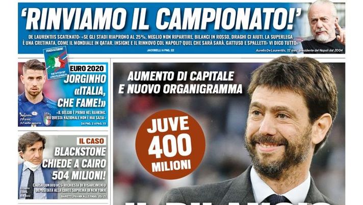 Prima Pagina, Tuttosport: &#8220;Juve, 400 milioni. Il rilancio è servito&#8221; 