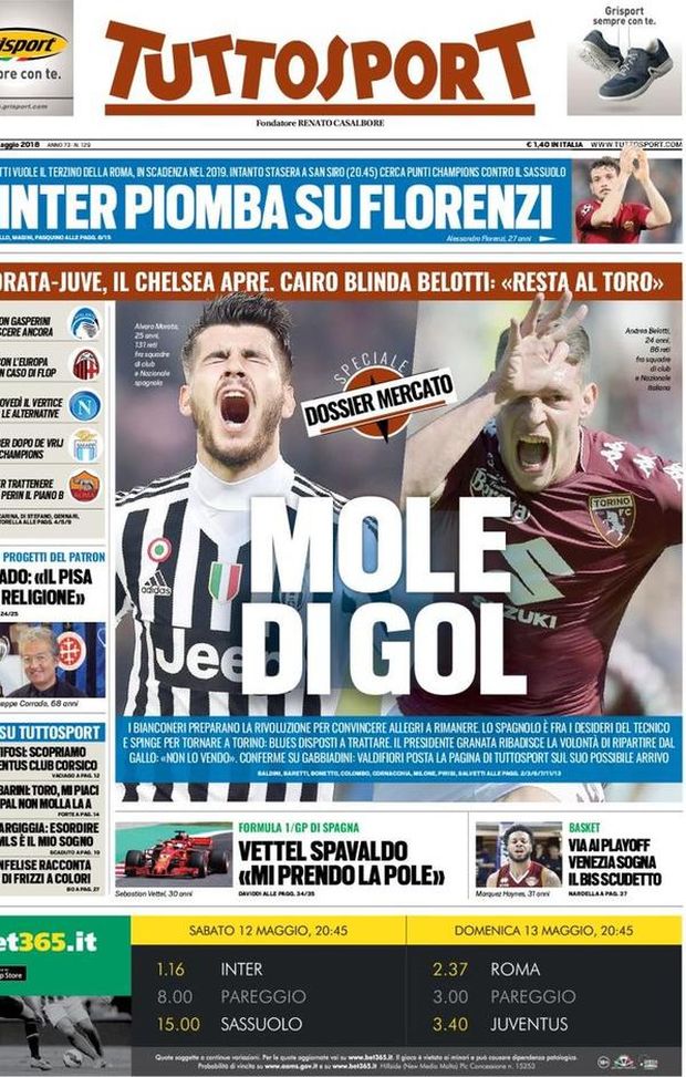 Prima Pagina, Tuttosport: “Mole di gol. Morata-Juve: il Chelsea apre. Cairo: ‘Non vendo Belotti’. Inter su Florenzi, il Milan punta Falcao…” Prima Pagina, Tuttosport: “Mole di gol. Morata-Juve: il Chelsea apre. Cairo: ‘Non vendo Belotti’. Inter su Florenzi, il Milan punta Falcao…”