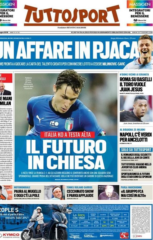 Prima Pagina, Tuttosport: “Il futuro in Chiesa. Un affare in Pjaca. Napoli, c’è Verdi per Ancelotti…” Prima Pagina, Tuttosport: “Il futuro in Chiesa. Un affare in Pjaca. Napoli, c’è Verdi per Ancelotti…”
