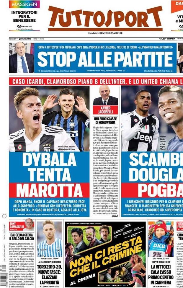 Prima Pagina, Tuttosport: “Dybala tenta Marotta. Scambio Douglas-Pogba. Stop alle partite…” Prima Pagina, Tuttosport: “Dybala tenta Marotta. Scambio Douglas-Pogba. Stop alle partite…”