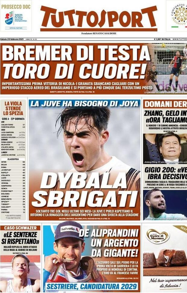 Prima Pagina, Tuttosport: “La Juve ha bisogno di Joya. Dybala sbrigati! Zhang gelo Inter, adesso tagliamo. Gigio 200: “Vedo Ibra decisivo” Prima Pagina, Tuttosport: “La Juve ha bisogno di Joya. Dybala sbrigati! Zhang gelo Inter, adesso tagliamo. Gigio 200: “Vedo Ibra decisivo”