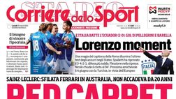 PRIMA PAGINA CORRIERE DELLO SPORT OGGI: “L’Italia batte l’Ecuador, Lorenzo moment”