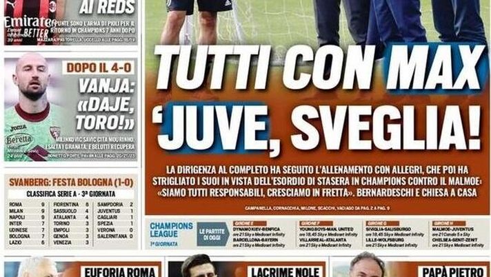 Prima Pagina, Tuttosport: “Tutti con Max, Juve sveglia! EuroDea con l’asso” Prima Pagina, Tuttosport: “Tutti con Max, Juve sveglia! EuroDea con l’asso”