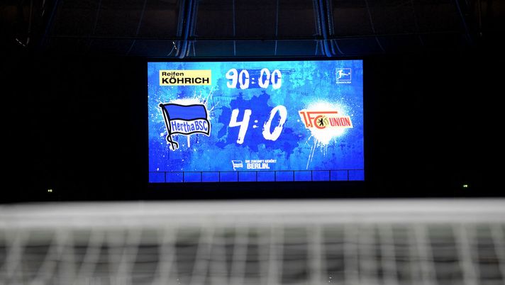 BERLIN, GERMANY - MAY 22: The score board is seen after the Bundesliga match between Hertha BSC and 1. FC Union Berlin at Olympiastadion on May 22, 2020 in Berlin, Germany. The Bundesliga and Second Bundesliga is the first professional league to resume the season after the nationwide lockdown due to the ongoing Coronavirus (COVID-19) pandemic. All matches until the end of the season will be played behind closed doors. (Photo by Stuart Franklin/Getty Images) BERLIN, GERMANY - MAY 22: The score board is seen after the Bundesliga match between Hertha BSC and 1. FC Union Berlin at Olympiastadion on May 22, 2020 in Berlin, Germany. The Bundesliga and Second Bundesliga is the first professional league to resume the season after the nationwide lockdown due to the ongoing Coronavirus (COVID-19) pandemic. All matches until the end of the season will be played behind closed doors. (Photo by Stuart Franklin/Getty Images)