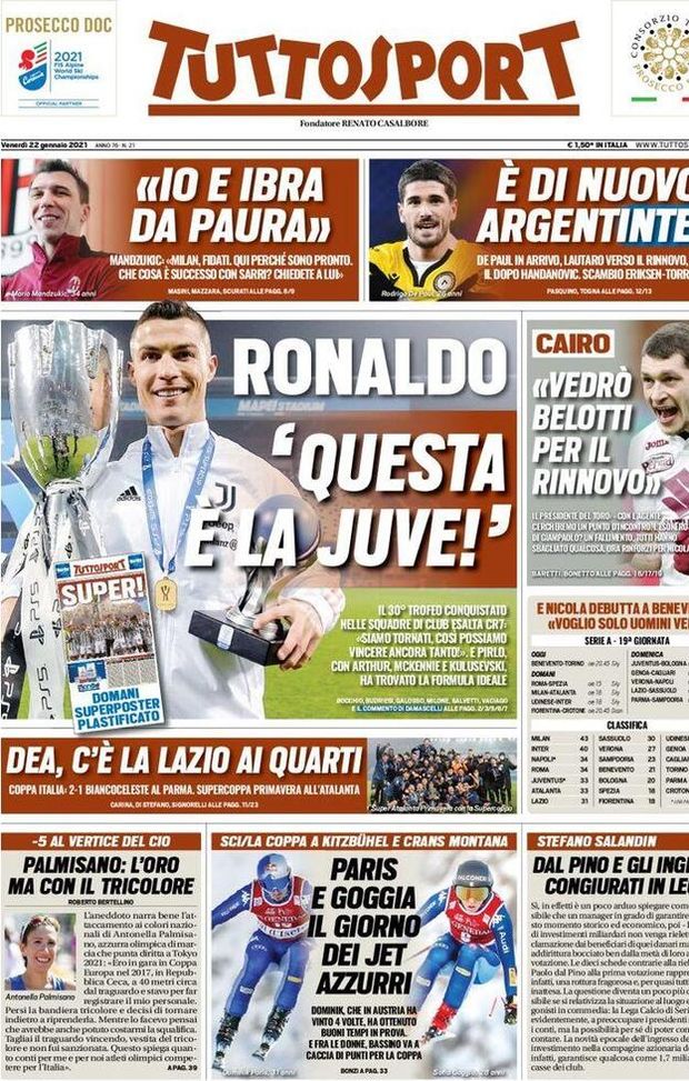 Prima Pagina, Tuttosport: “CR7, questa è la tua Juventus! Dea, c’è la Lazio ai quarti” 