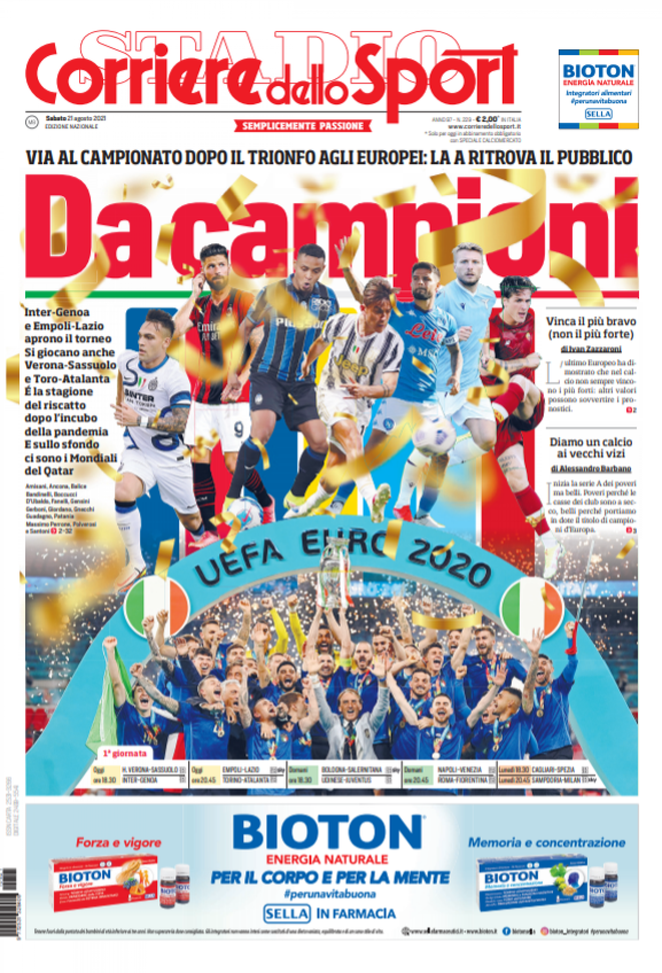 Prima Pagina, Corriere dello Sport: “Da campioni. Via al campionato” Prima Pagina, Corriere dello Sport: “Da campioni. Via al campionato”