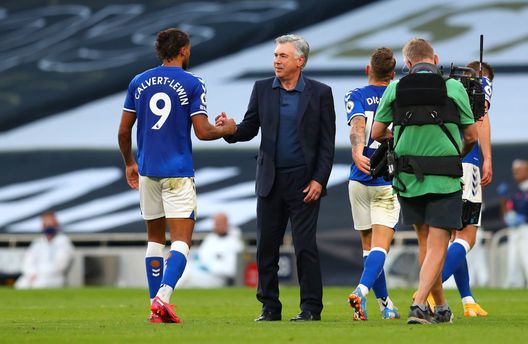LONDON, ENGLAND - SEPTEMBER 13: Carlo Ancelotti, Manager of Everton celebrates victory with Dominic Calvert-Lewin of Everton after the Premier League match between Tottenham Hotspur and Everton at Tottenham Hotspur Stadium on September 13, 2020 in London, England. (Photo by Catherine Ivill/Getty Images) LONDON, ENGLAND - SEPTEMBER 13: Carlo Ancelotti, Manager of Everton celebrates victory with Dominic Calvert-Lewin of Everton after the Premier League match between Tottenham Hotspur and Everton at Tottenham Hotspur Stadium on September 13, 2020 in London, England. (Photo by Catherine Ivill/Getty Images)