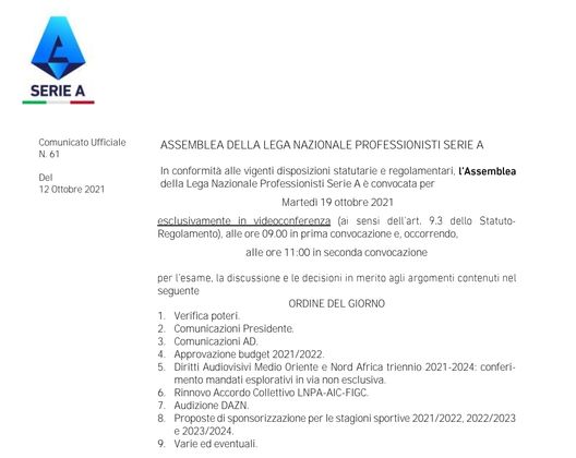 Il comunicato della Lega Serie A sull'assemblea del 19 ottobre Il comunicato della Lega Serie A sull'assemblea del 19 ottobre