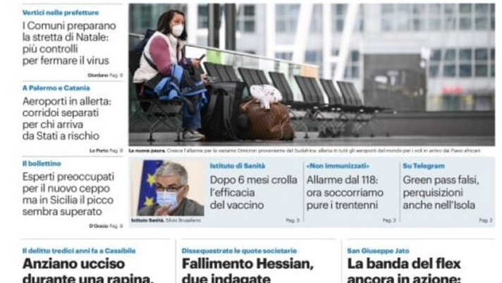 Prima Pagina, Giornale di Sicilia: &#8220;Omicron, 1° caso italiano. Aeroporti in allerta&#8221; 