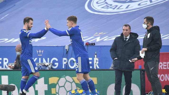 LEICESTER, ENGLAND - NOVEMBER 08: James Maddison of Leicester City is replaced by Harvey Barnes during the Premier League match between Leicester City and Wolverhampton Wanderers at The King Power Stadium on November 08, 2020 in Leicester, England. Sporting stadiums around the UK remain under strict restrictions due to the Coronavirus Pandemic as Government social distancing laws prohibit fans inside venues resulting in games being played behind closed doors. (Photo by Rui Vieira - Pool/Getty Images) LEICESTER, ENGLAND - NOVEMBER 08: James Maddison of Leicester City is replaced by Harvey Barnes during the Premier League match between Leicester City and Wolverhampton Wanderers at The King Power Stadium on November 08, 2020 in Leicester, England. Sporting stadiums around the UK remain under strict restrictions due to the Coronavirus Pandemic as Government social distancing laws prohibit fans inside venues resulting in games being played behind closed doors. (Photo by Rui Vieira - Pool/Getty Images)