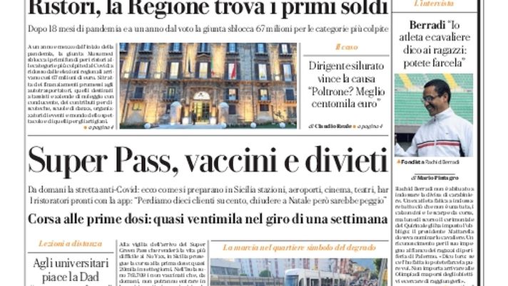 Prima Pagina, La Repubblica-Palermo: “Ristori, la Regione trova i primi soldi” Prima Pagina, La Repubblica-Palermo: “Ristori, la Regione trova i primi soldi” - immagine 1