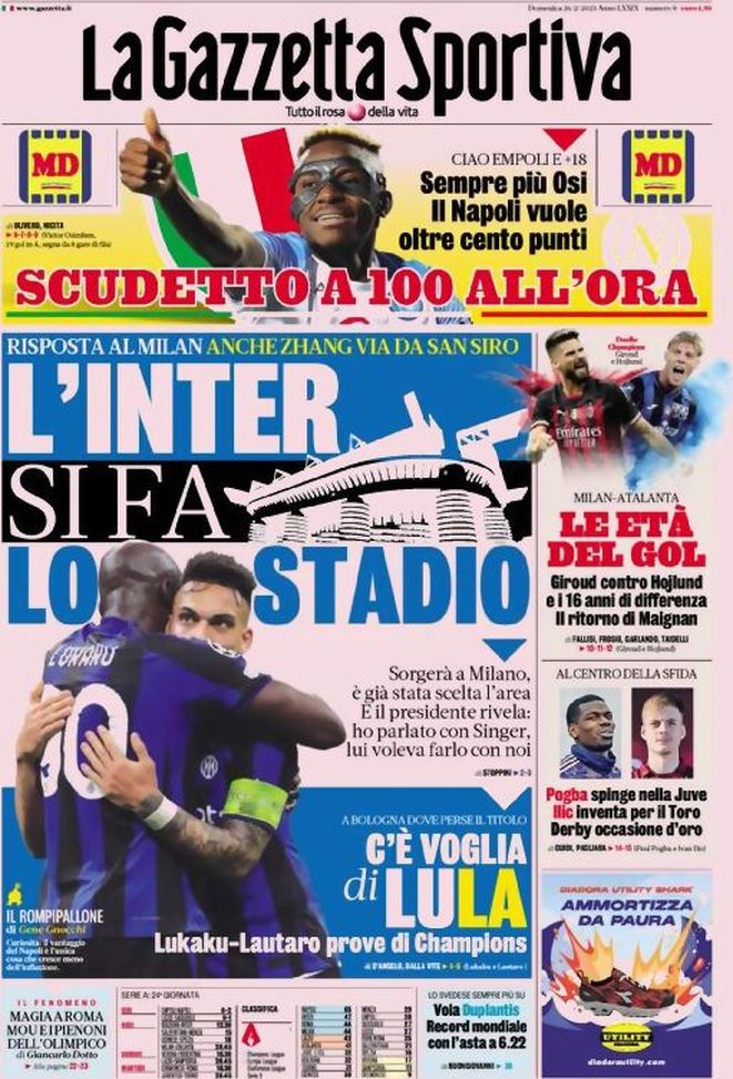 Prima pagina Gazzetta dello Sport 26/02/2023