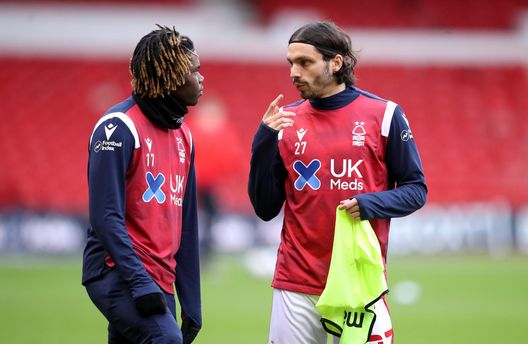 NOTTINGHAM, ENGLAND - JANUARY 30: Alex Mighten and Filip Krovinovic of Nottingham Forest interact during the warm up prior to the Sky Bet Championship match between Nottingham Forest and Barnsley at City Ground on January 30, 2021 in Nottingham, England. Sporting stadiums around the UK remain under strict restrictions due to the Coronavirus Pandemic as Government social distancing laws prohibit fans inside venues resulting in games being played behind closed doors. (Photo by Alex Pantling/Getty Images) NOTTINGHAM, ENGLAND - JANUARY 30: Alex Mighten and Filip Krovinovic of Nottingham Forest interact during the warm up prior to the Sky Bet Championship match between Nottingham Forest and Barnsley at City Ground on January 30, 2021 in Nottingham, England. Sporting stadiums around the UK remain under strict restrictions due to the Coronavirus Pandemic as Government social distancing laws prohibit fans inside venues resulting in games being played behind closed doors. (Photo by Alex Pantling/Getty Images)