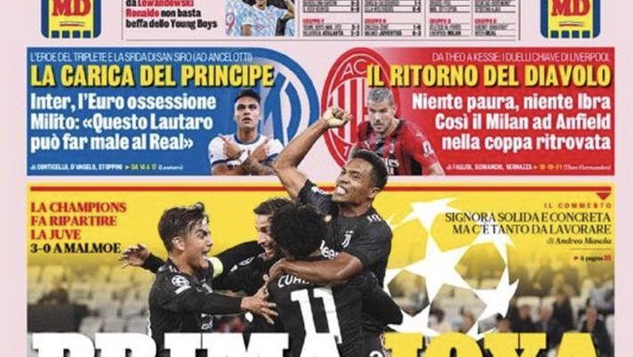 Prima Pagina, Gazzetta dello Sport: “Juventus, prima Joya. Atalanta pari d’oro” 