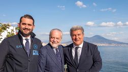 GALLERY De Laurentiis al pranzo UEFA con Laporta: scambio di doni con il Barcellona