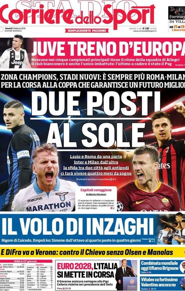 Prima Pagina, Corriere dello Sport: “Due posti al sole. Juve treno d’Europa. Euro 2028, l’Italia…” Prima Pagina, Corriere dello Sport: “Due posti al sole. Juve treno d’Europa. Euro 2028, l’Italia…”