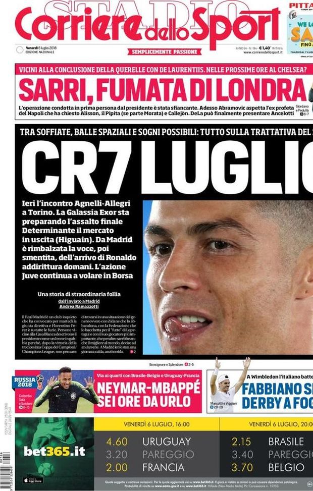 Prima Pagina, Corriere dello Sport: “CR7-Luglio. Sarri, fumata di Londra. Neymar-Mbappè, sei ore da urlo…” Prima Pagina, Corriere dello Sport: “CR7-Luglio. Sarri, fumata di Londra. Neymar-Mbappè, sei ore da urlo…”