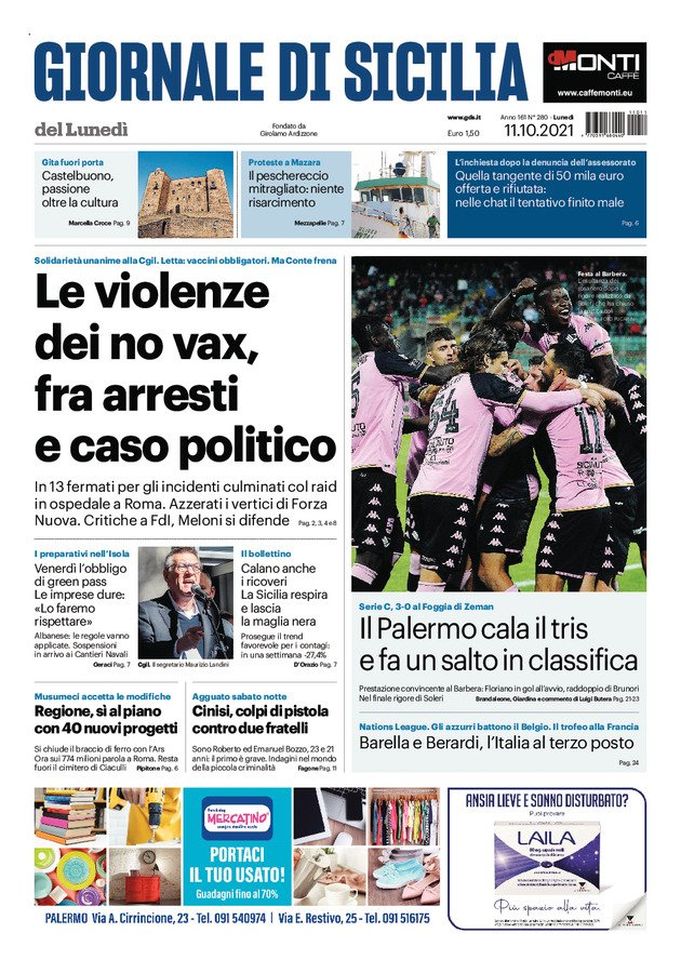 Prima Pagina, Giornale di Sicilia: “Violenze no vax fra arresti e caso politico” Prima Pagina, Giornale di Sicilia: “Violenze no vax fra arresti e caso politico” - immagine 1